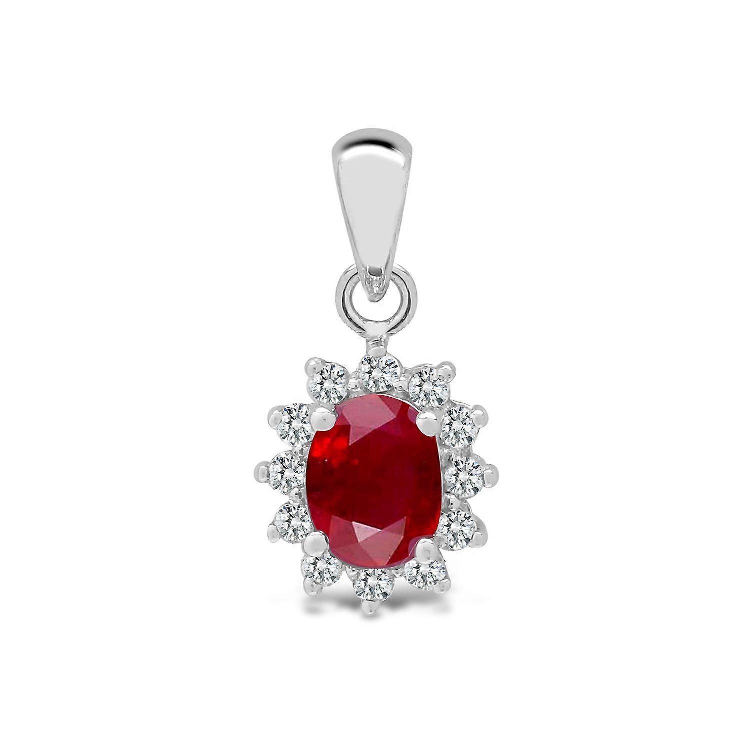 Jewelco London 18ct White Gold Cluster Set G SI 0.09ct Diamond and Oval Red 0.57ct Ruby Royal Cluster Cluster Pendant