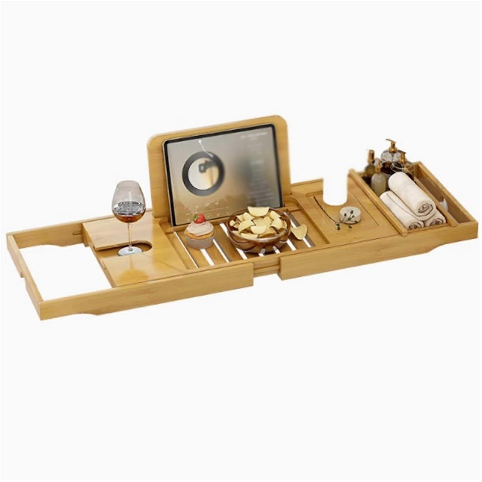 Bamboo Bathtub Tray with Extendable Sides, Wine Glass Holder, Large Capacity Bath Caddy for Relaxing Soaks