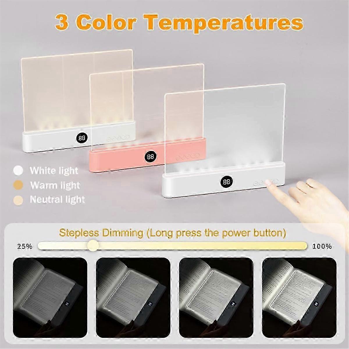 Book Light, Rechargeable Clear LED Flat Reading Light with 3 Colors & Timer, Plate Lamp Book Full Pa