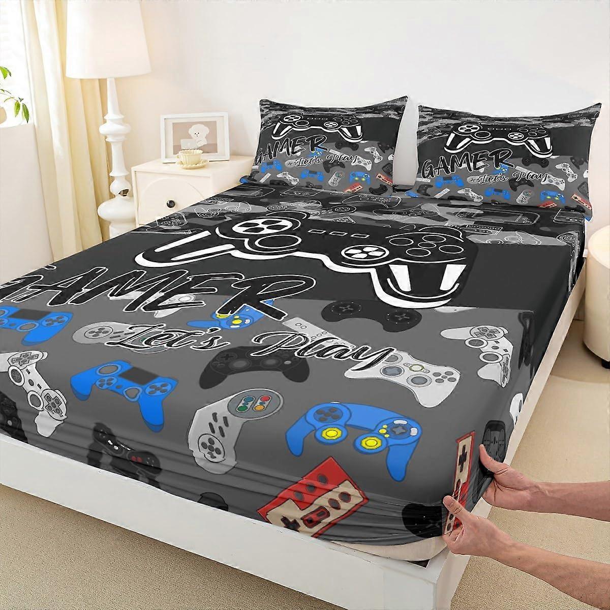 Queen Size Gaming Bedding Set with Deep Pocket Fitted Sheet and 2 Pillowcases, FadeResistant