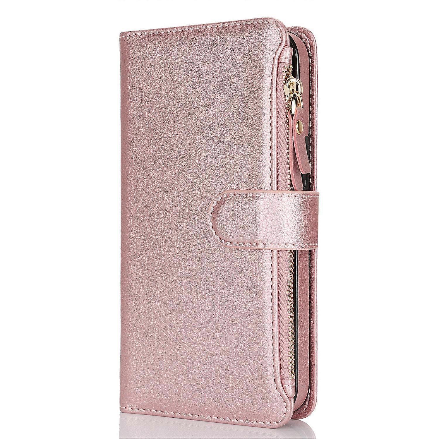 Case For Iphone 13 6.1 Rose Gold Multi-function Solid Zipper Wristlet Wallet Multi-card Leathe No1421