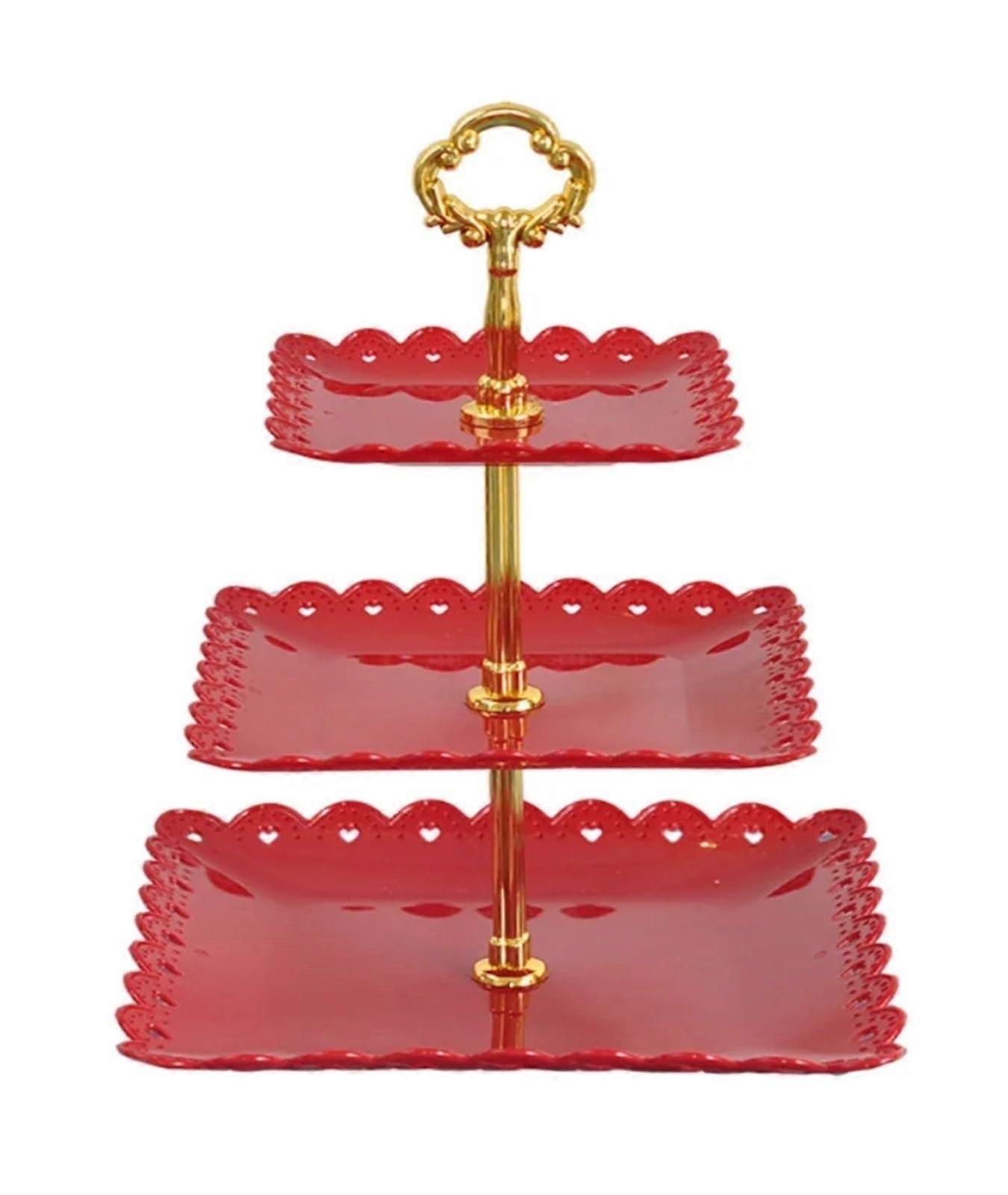 Three Tier Cake Stand with MultiLayer Design for Wedding Party Dessert Fruit and Candy Display (Red)
