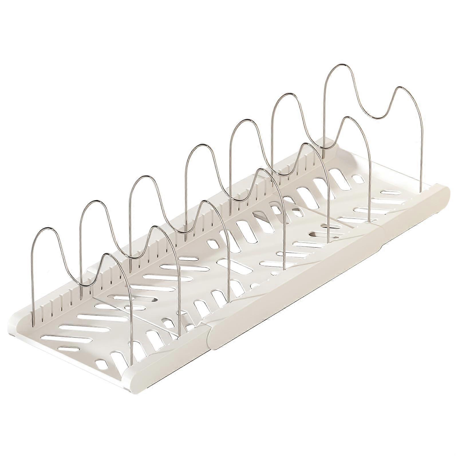 Pot and Pan Organizer with Adjustable Dividers, Expandable Cookware Rack for Kitchen Cabinets, White
