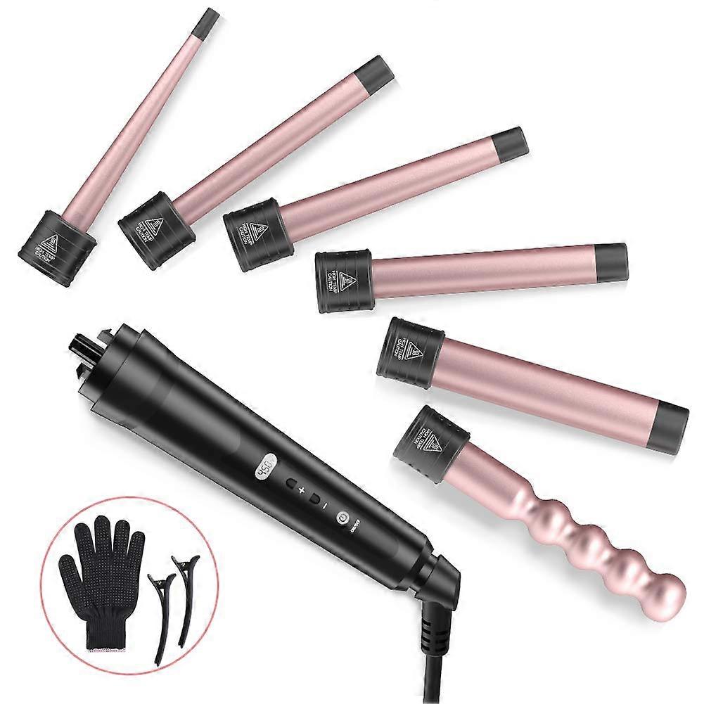6 in 1 Curling Iron Wand Set with Interchangeable Ceramic Barrels and LCD Temperature Control