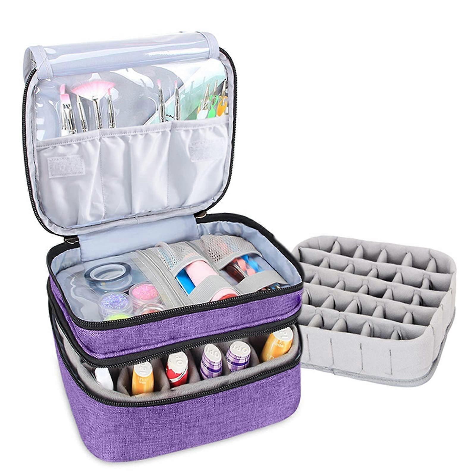 Nail Polish Organizer Double Layer Storage Bag for 30 Bottles with Tool Pockets Purple