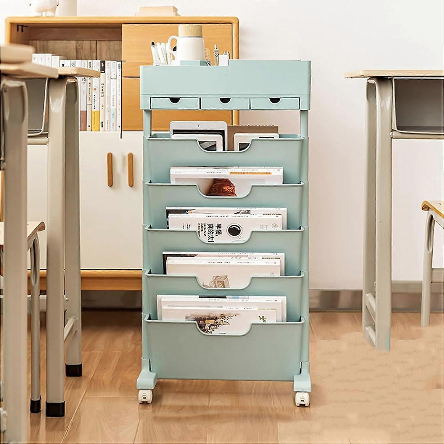 5 Tier Rolling Bookshelf with Lockable Casters, Slim MultiFunctional Mobile Storage Organizer for Office and Classroom