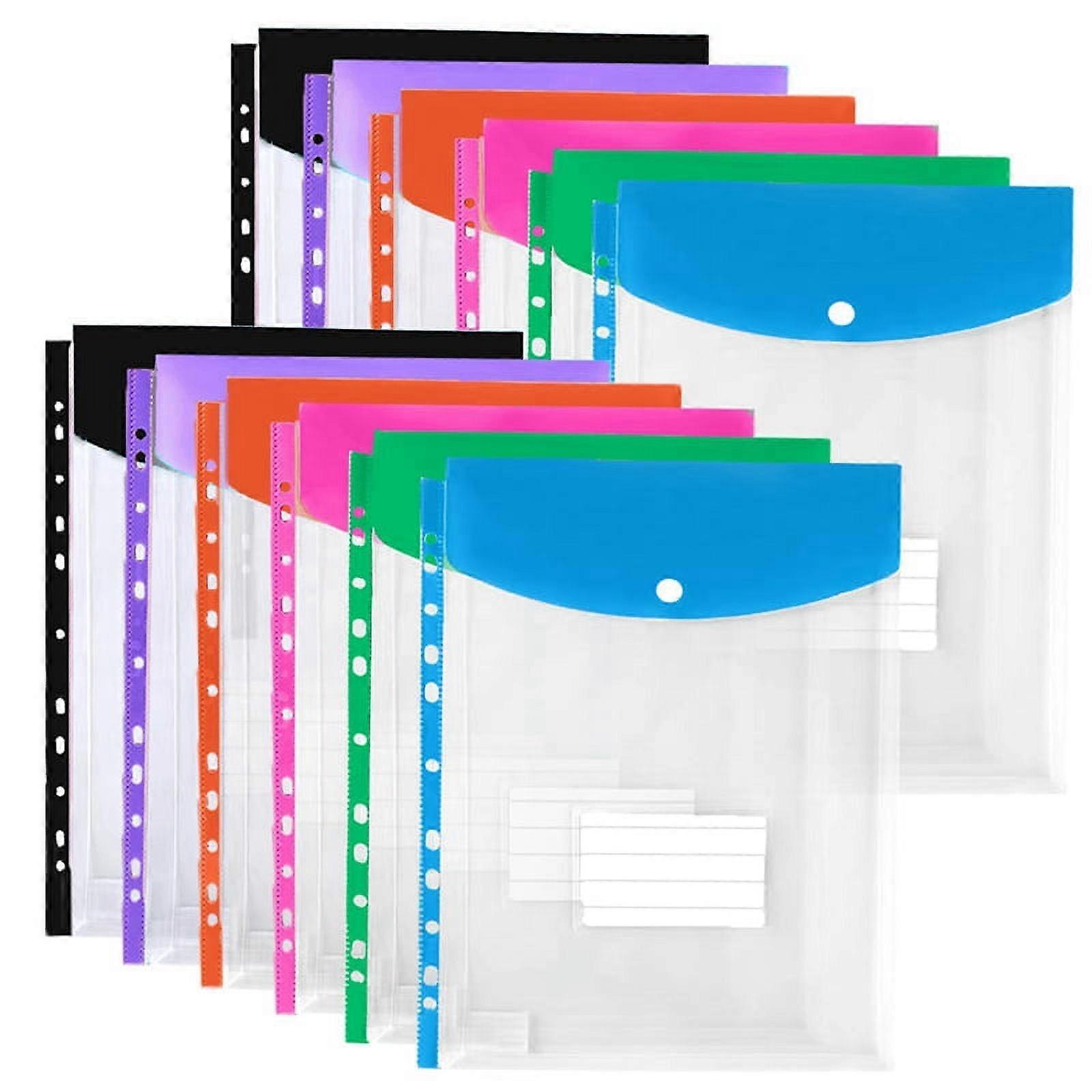 12Pack Plastic Envelopes, Binder Pockets for 3/4/11 Ring Binder,Expandable Document Organizer with Snap Button and Label