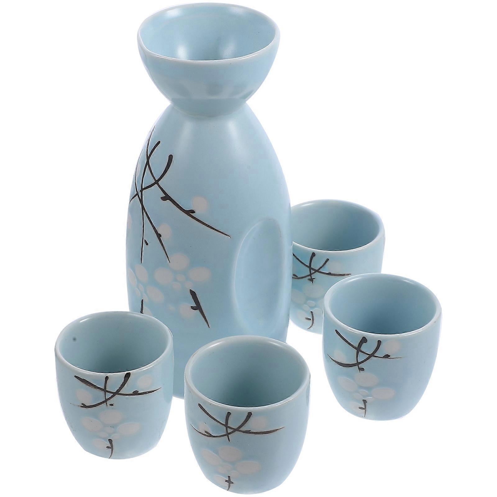 Blue Ceramic Sake Serving Set with Delicate and 4Pcs Cups
