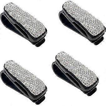 4pcs Bling Car Fastener Clip Glasses Cases Rhinestone Diamond Storage Holder Car Styling Portable Sun Visor Sunglasses Eyeglasses Holder (White)