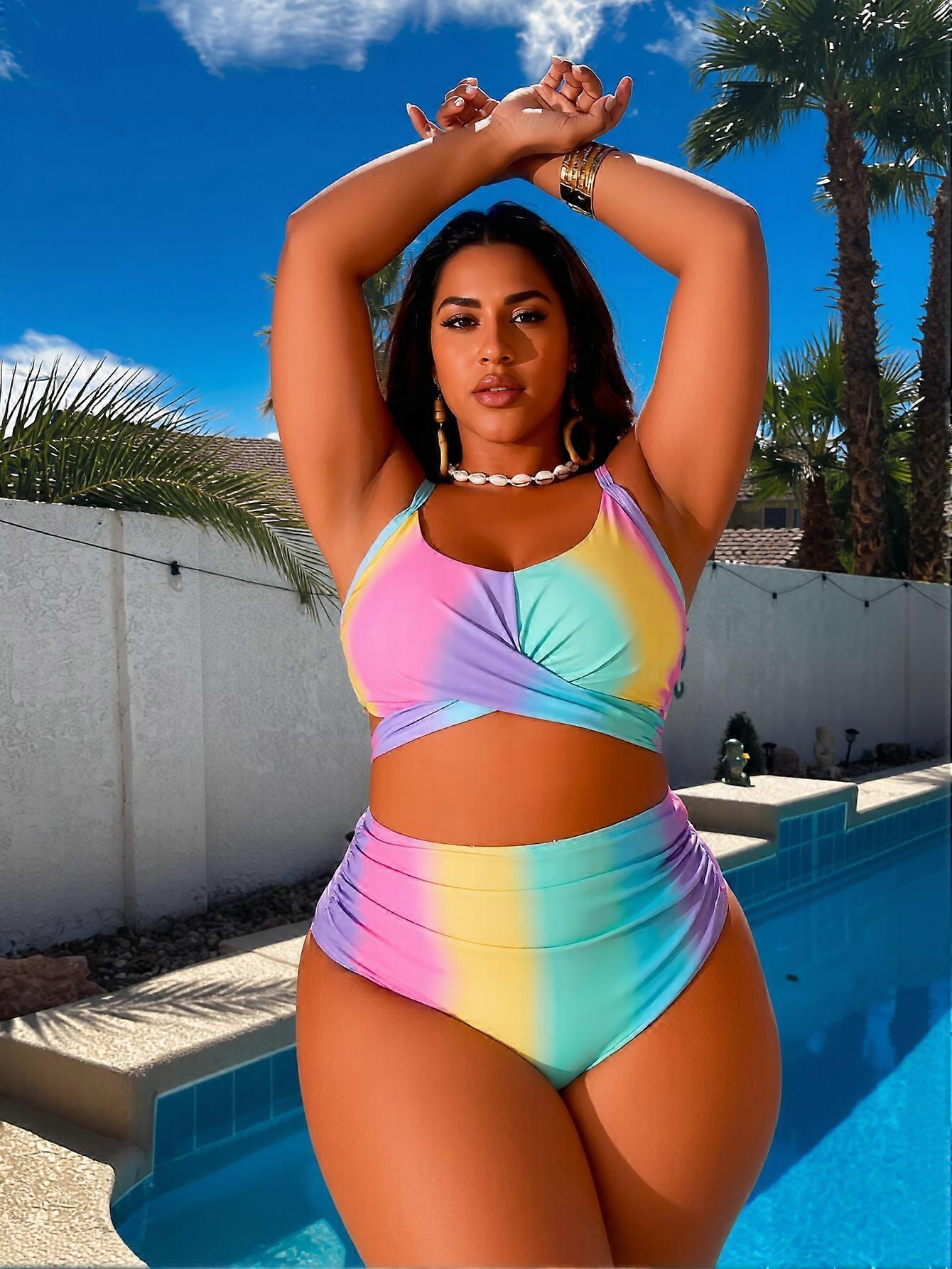 Plus Size Pastel Rainbow Gradient Twisted Front Opening Bikini Set