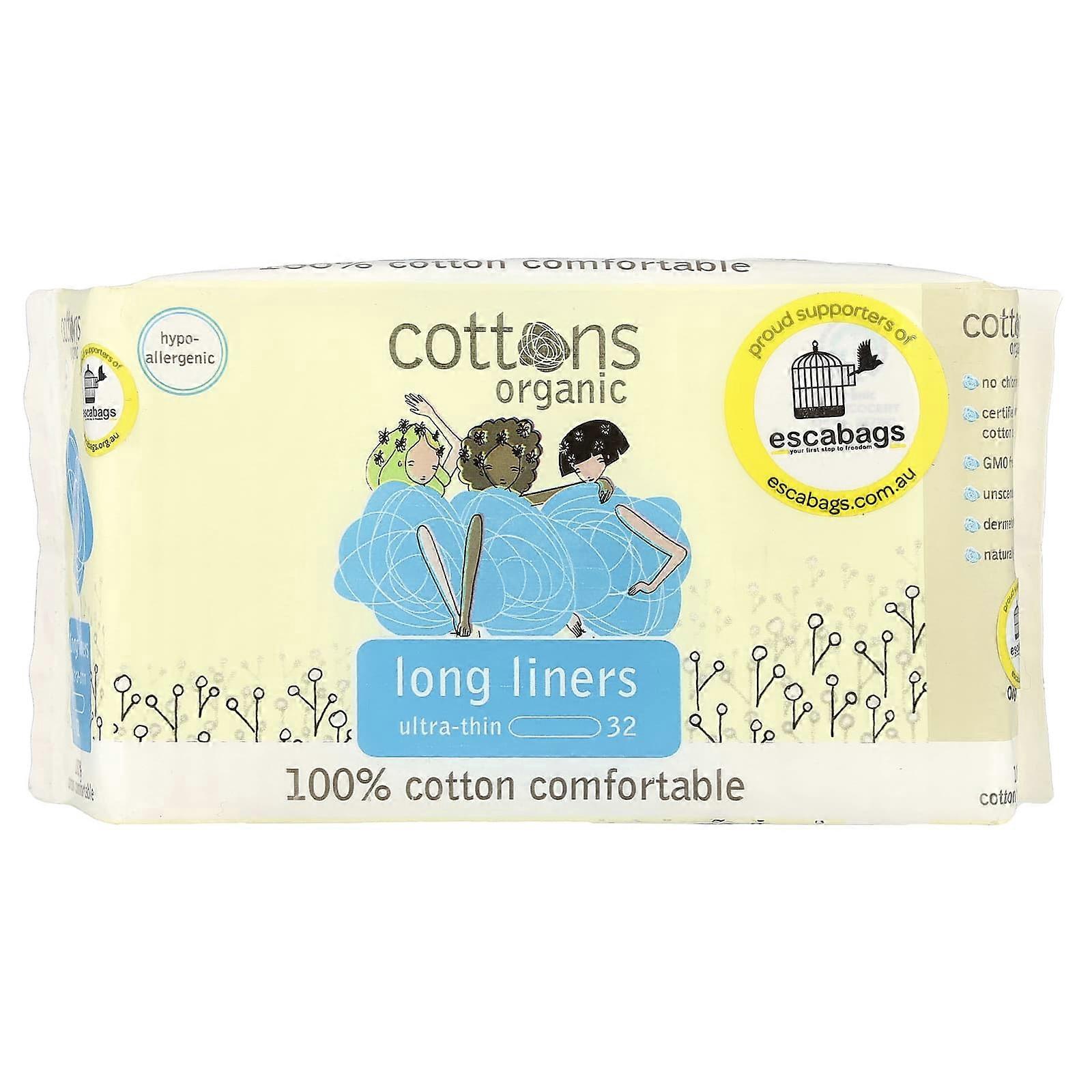 Cottons, Organic, Long Liners, Ultra-Thin, Unscented, 32 Liners, 4-Pack