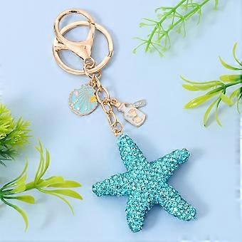 Blue Rhinestone Starfish Keychain, Ocean-Themed Keyring with Scallop Shell and Drift Bottle Charms, Alloy Trinkets for Women, Cute Purse Charm for Car