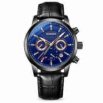 Men's Quartz Watch BINBOND Black Leather Strap Black Steel Case Blue Dial Waterproof Multifunction Sports Business Wristwatch JY