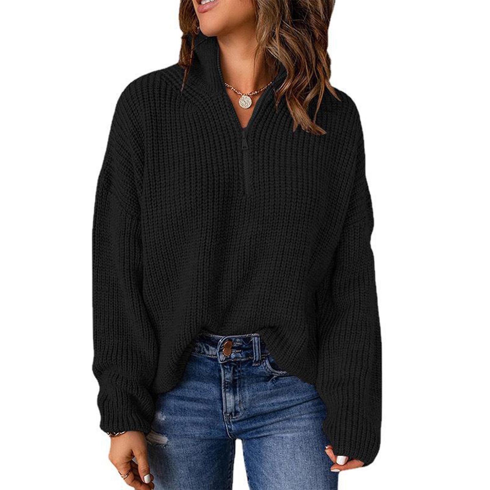 Casual Waffle Kint Sweater 1/4 Zipper Stand Collar With Drop Shoulder