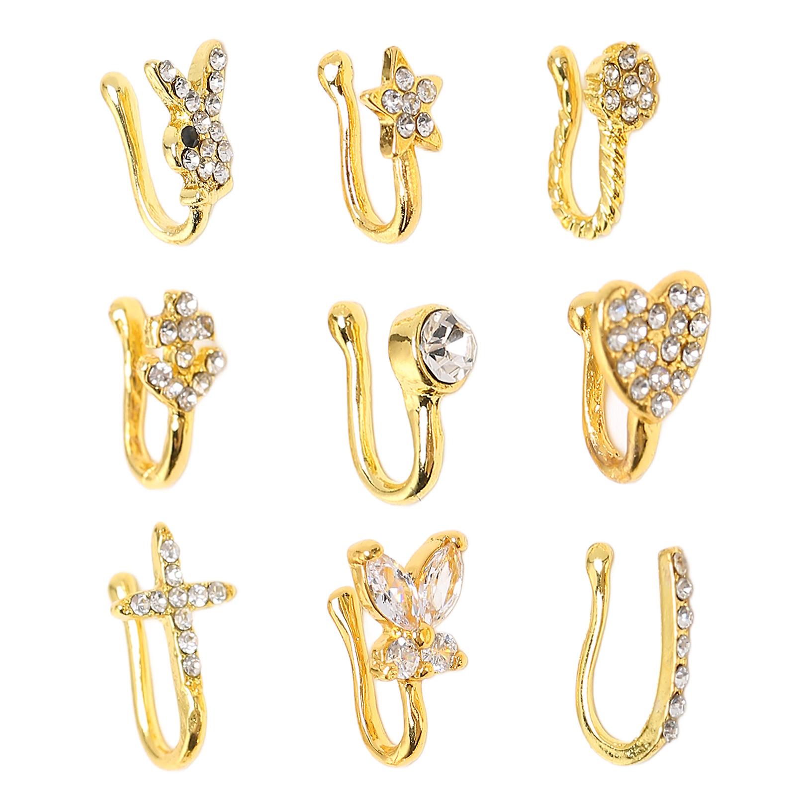 9 Pcs/Set Fashion Shiny Fake Nose Rings No Piercing for Women Gold