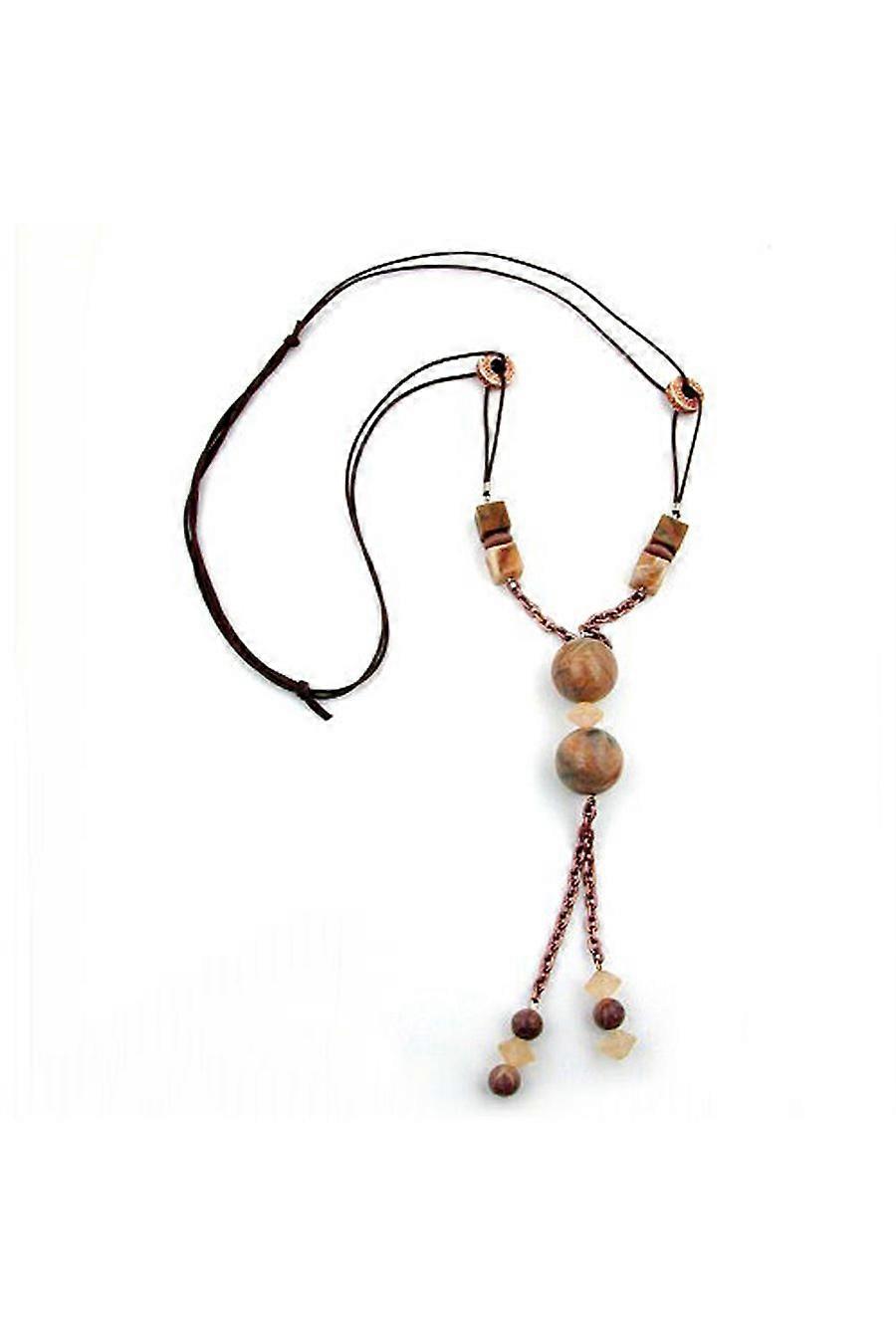 Necklace Light Brown Marbled Beads Chain Elements - Gl00158