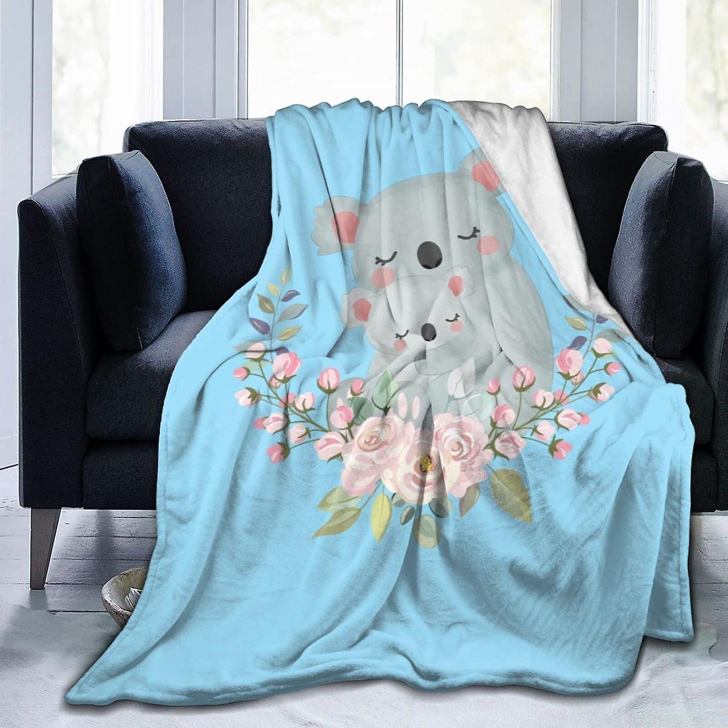 Plaid en flanelle Koala mignon avec des fleurs Couverture imprimée Ultra douce confortable couverture simple lavable pour canapé de lit