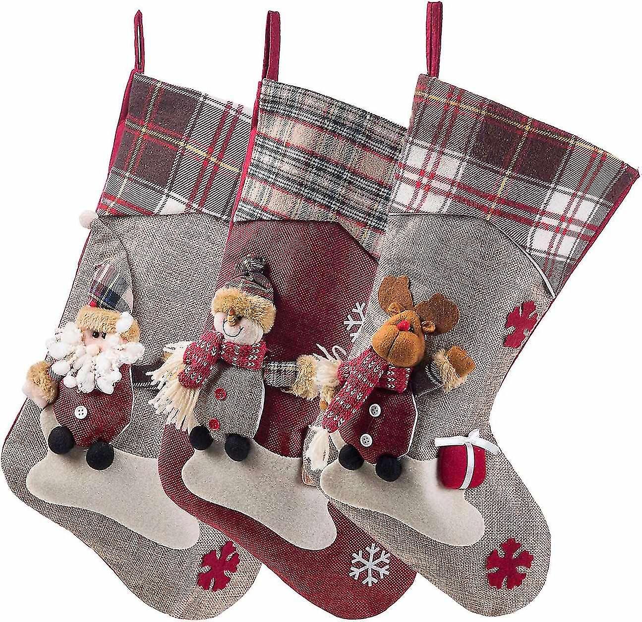 3pcs 17.5" Christmas Stocking Classic Large Stocking Santa Claus, Snowman, Reindeer Xmas Character f