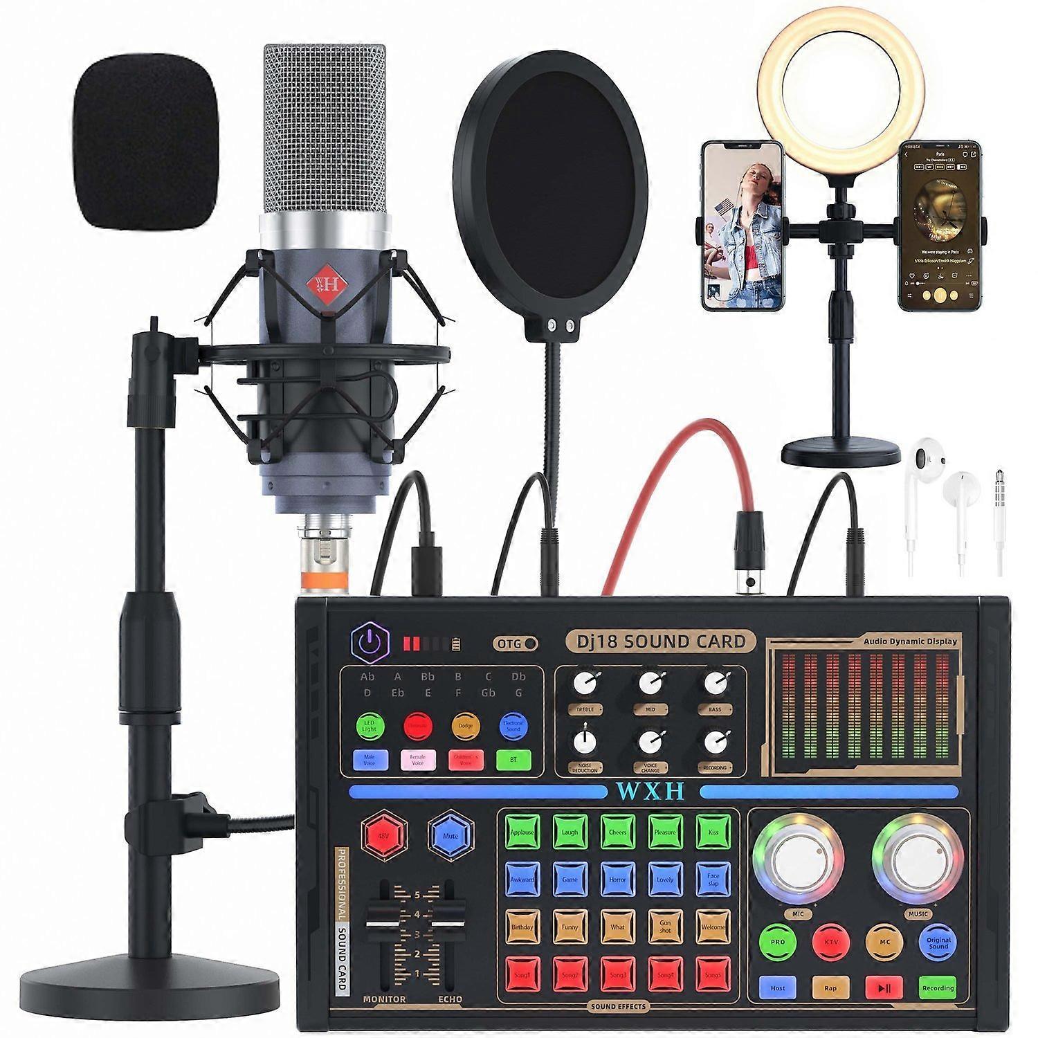 Professional tuning sound card set with blue microphone fill light live recording set