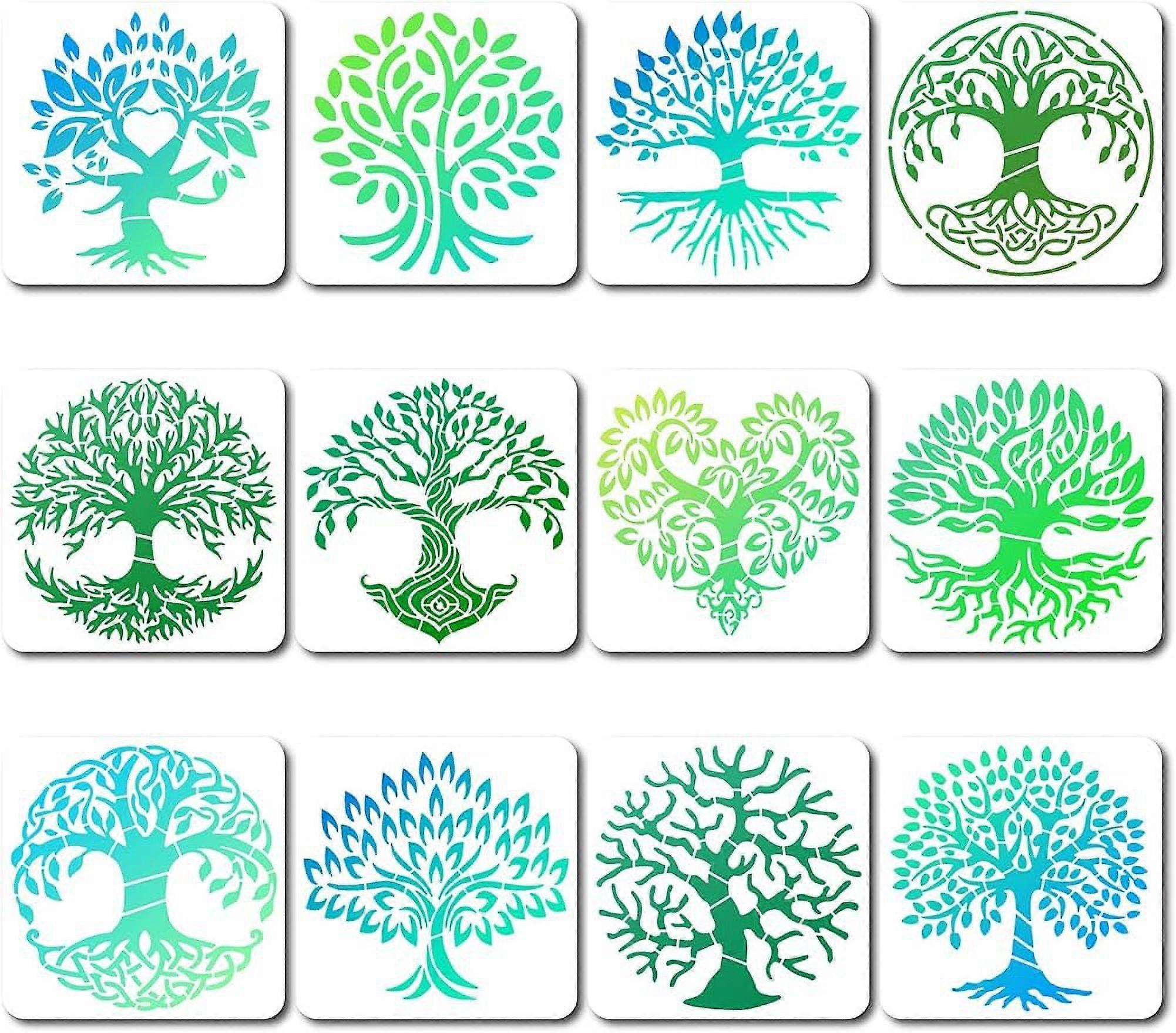 12 Styles Tree of Life Stencil Branch Painting Stencils Reusable Drawing Template Hollow Out Wood Wall Scrapbook