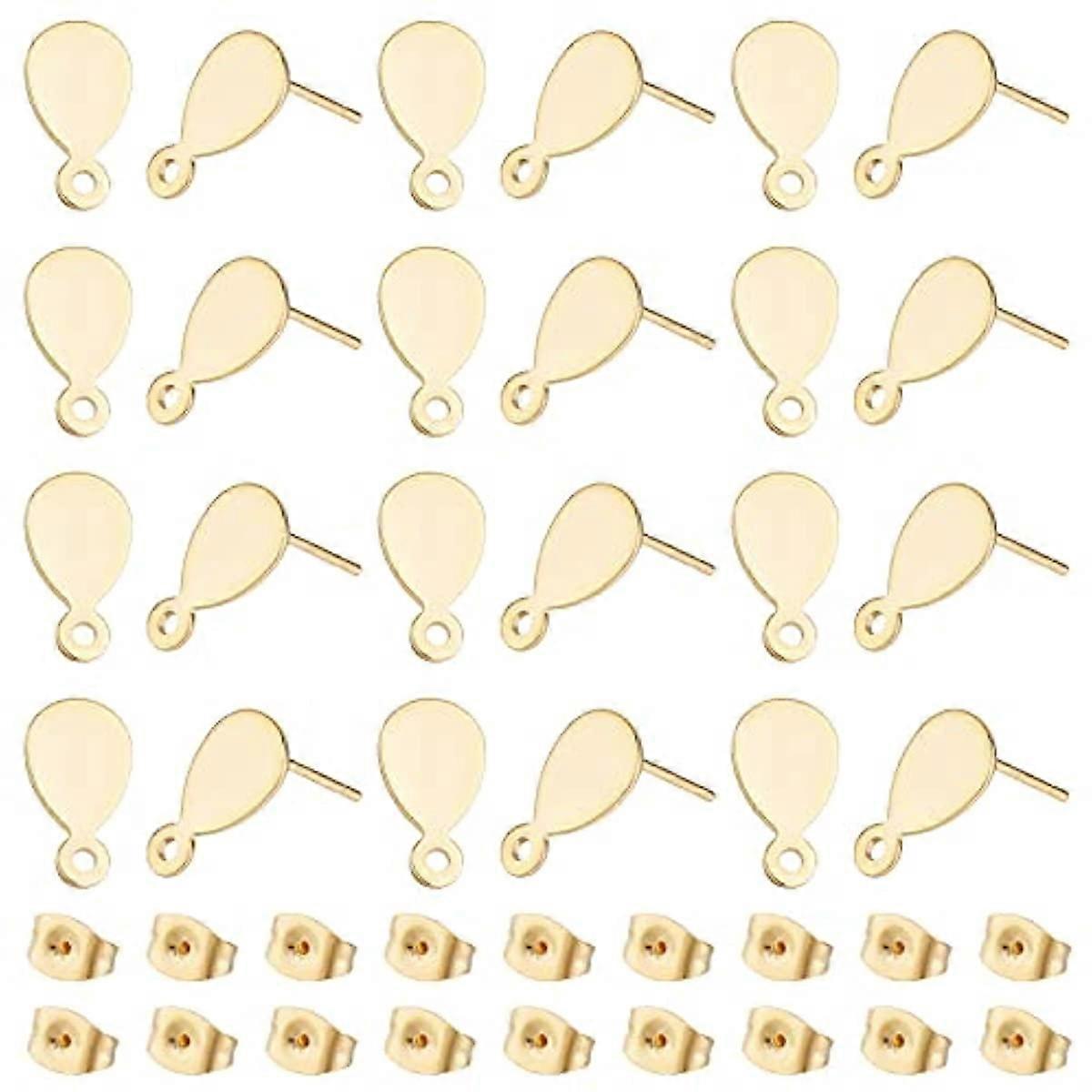 60Pcs Teardrop Earring Stud Golden Teardrop Earring Post Stud Earring with Loop Blank Ear Post Dangle Earring Findings with Butterfly Earring Backs fo