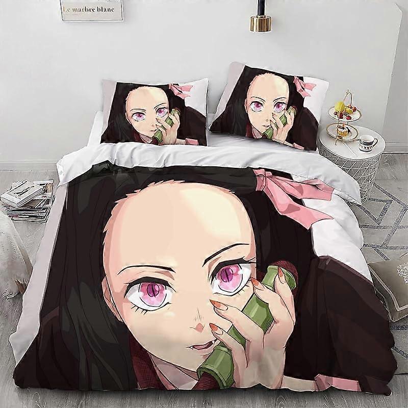 o701 Dem-on- Kill-er Ne-Zuko An-ime Girl Housse de couette- Ensemble, 100% -Microf-iber Literie- Ensembles, 3 pièces- Ultra S-oft Skin-Friendly -Comforter -Cover Se-t