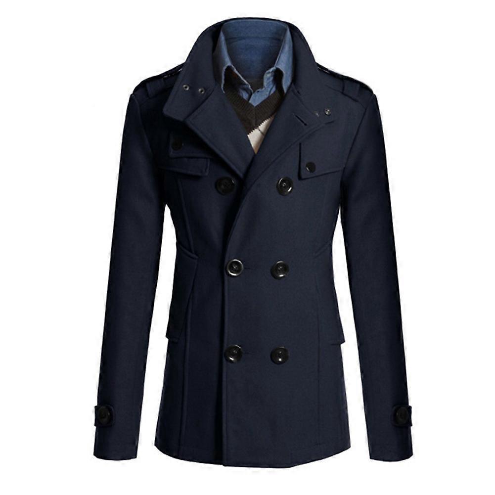 Fianao Men Long Sleeve Lapel Collar Double-breasted Pockets Woolen Slim Trench Coat