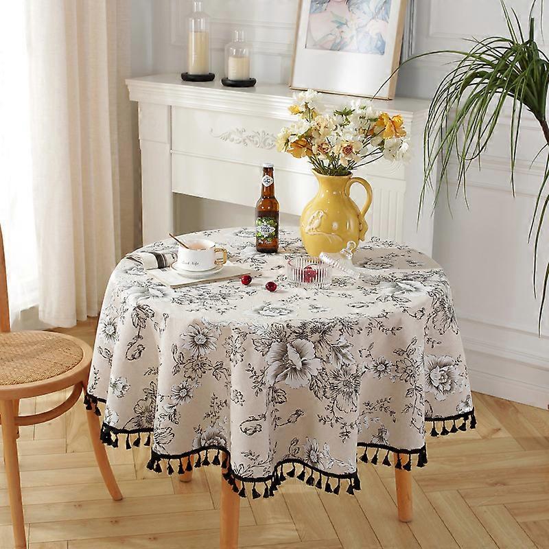 Round Tablecloth Linen Floral Print, Round Washable Fringed Tablecloth, Small Round Tablecloth, 90Cm