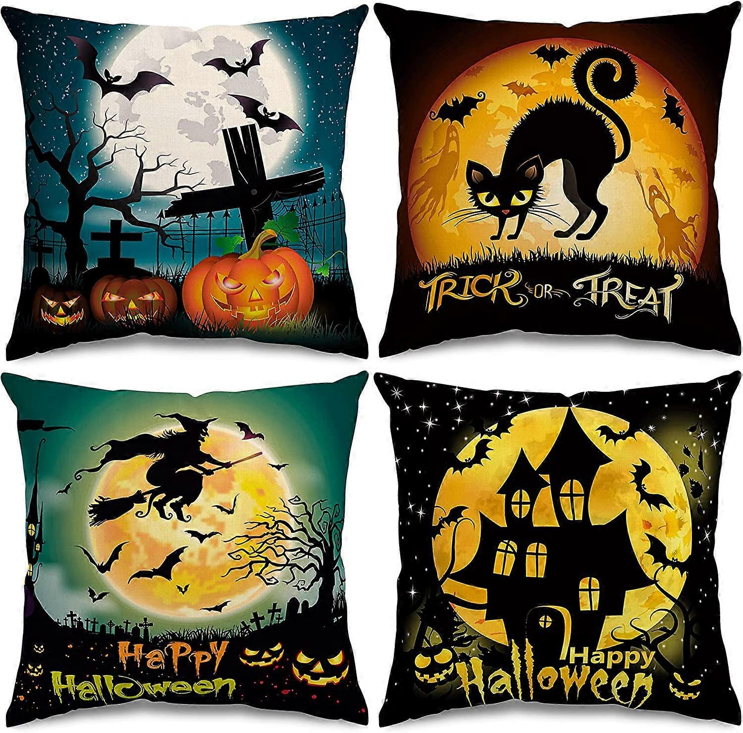 Set of 4 Linen Halloween Cushion Covers for Bed Decor, 18" x 18"