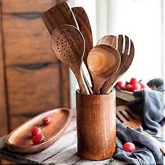 Set De 6 Ustensiles De Cuisine En Bois D'Acacia - Spatules Anti-Rayures Avec Support - Écologique Et Durable