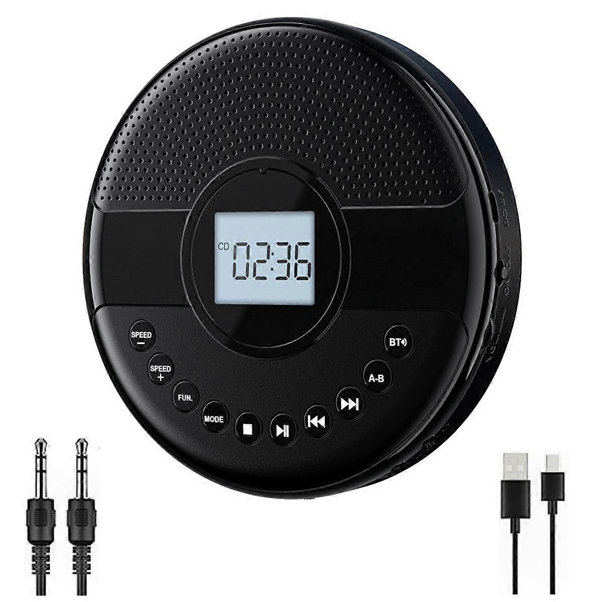 CD Player Portable, Bluetooth CD Player with Dual Speaker, Rechargeable Walkman with Headphone AUX Cable for Car