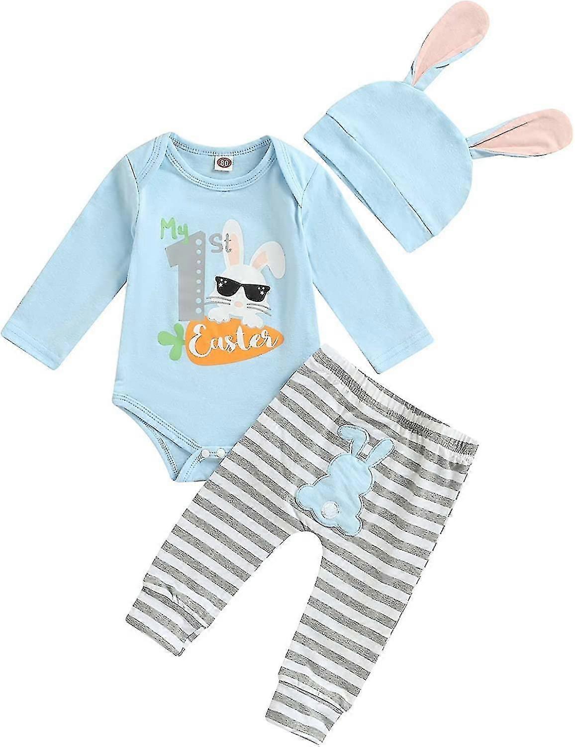 Nyfödd spädbarnspojke flicka Min 1: a första påskkläder Set outfit långärmad kanin romper + byxor + kanin öronhatt