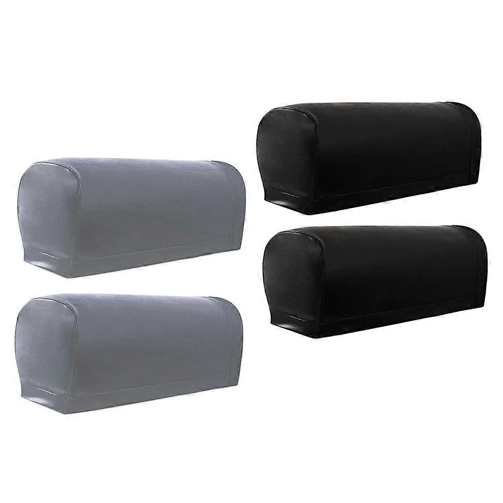 2 Pairs Elastic Armrest Covers Protector for Sofas PU Leather Black/Grey