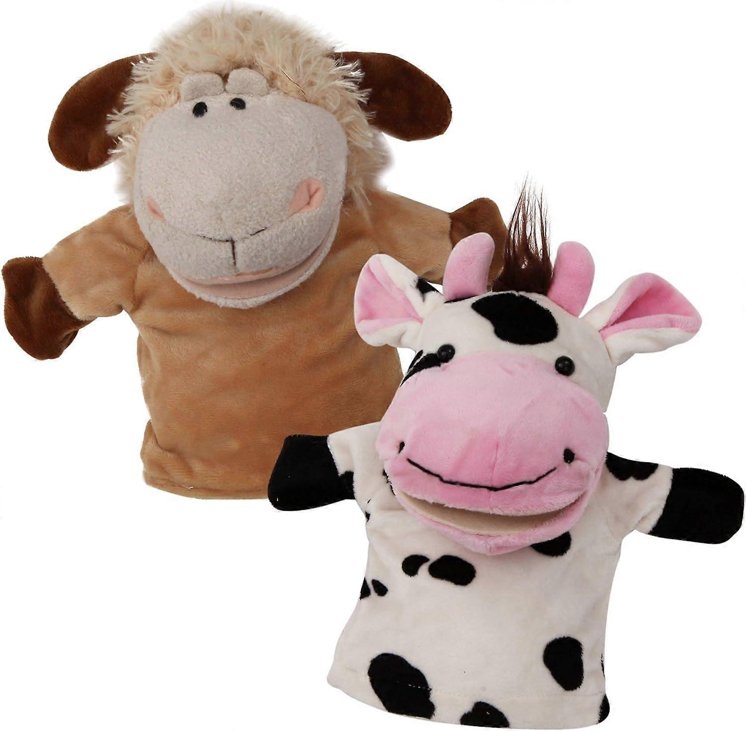 طقم دمى يدوية للحيوانات من 2 من BetterLine - جودة ممتازة، دمى يدوية ناعمة 9.5 بوصة للأطفال - مثالية (بقرة وأغنام)
