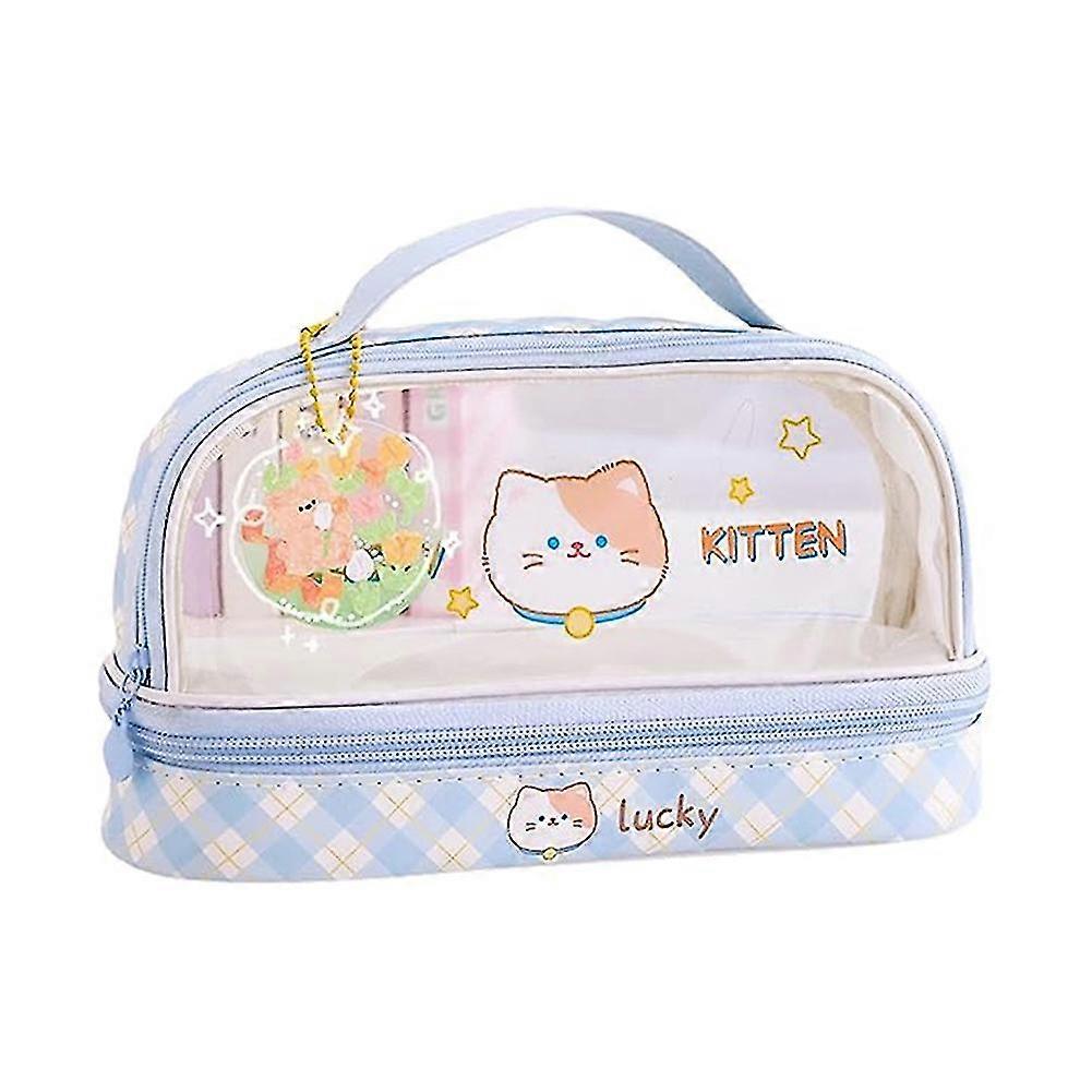 Double Layer Transparent Cartoon Pen Case With Handle Durable Pen Pouch Storage Bag For Adult Children