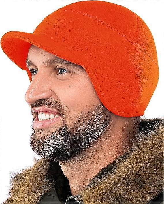 Fleece Winter Beanie with Visor - Men - Earflap Brim Skull Watch Cap Hat