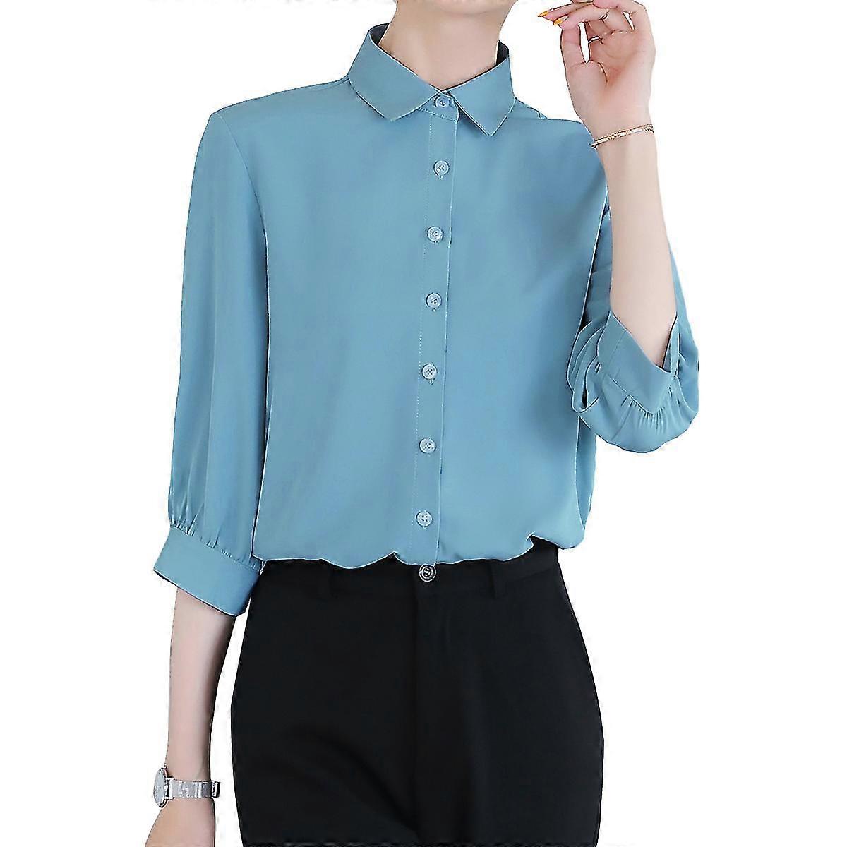 Women's Lapel Collar Solid Color Slim Fit 3/4 Sleeve Tops