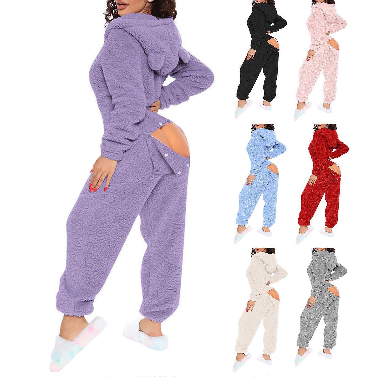 مثير الكبار Onesie بيجاما للنساء بعقب رفرف الصوف مقنعين قطعة واحدة بيجاما المرأة رقيق ملابس النوم، أسود الجمعة Tw