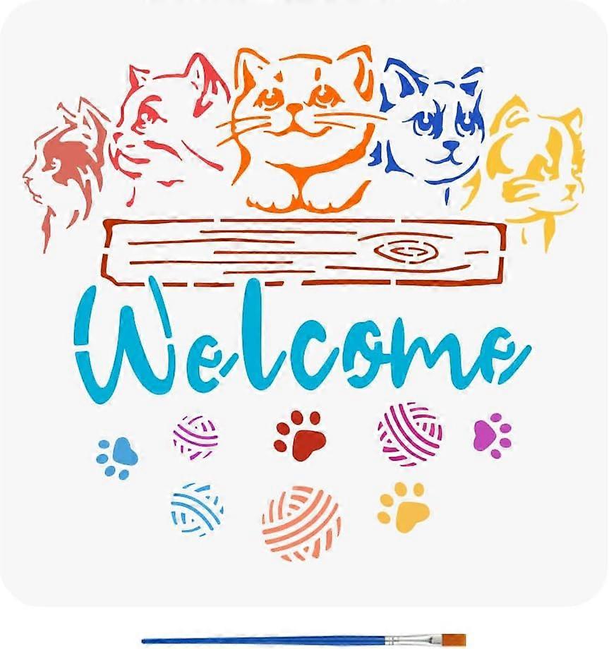 Cute Cats Template for Painting 11.8x11.8 inch Reusable Welcome Tag Painting Stencil with Brush Paw Print Yarn Ball Template Hollowed House Tag Stenci