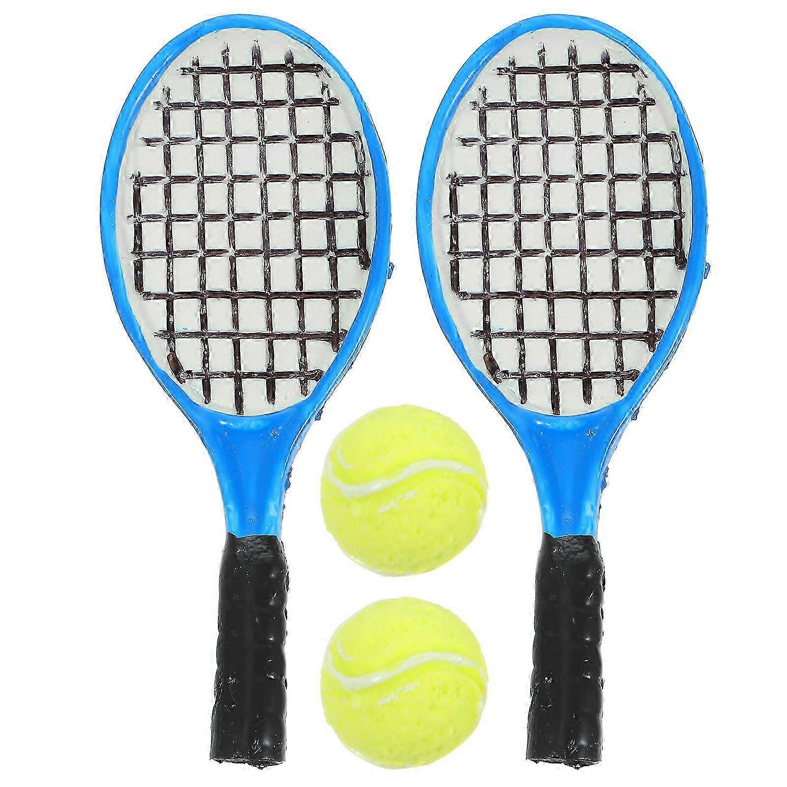 4pcs Mini Simulation Tennis Racket Models Home Desktop Decoration Play House Accessary (As Shown, 2pcs Rackets + 2pcs Balls)