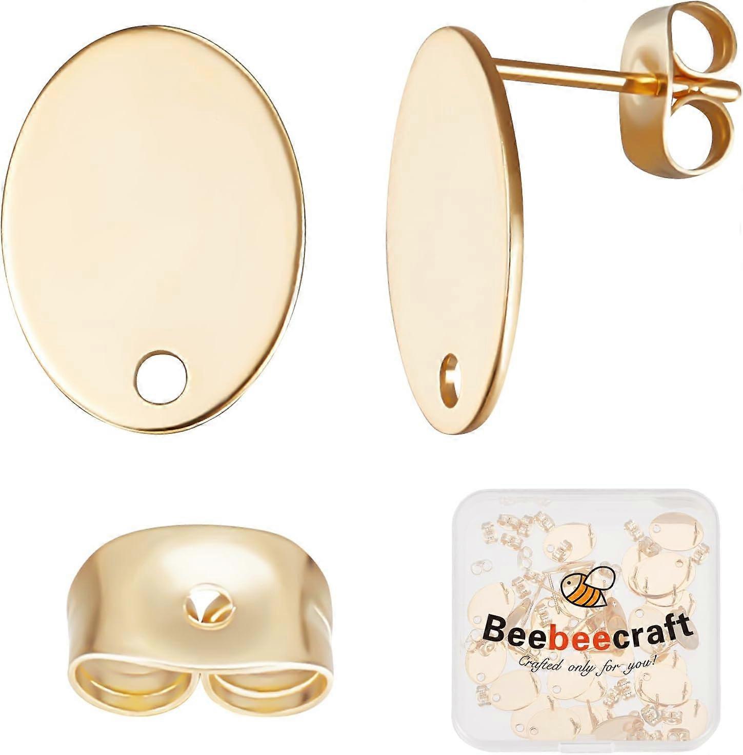 1 Box 40Pcs Oval Earring Findings 24K Gold Plated Earring Post with Hole and 40Pcs Ear Nuts Ear Stud Components for Jewelry Making