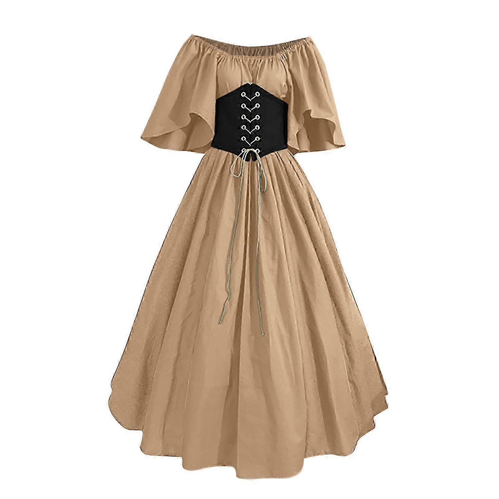 Kadın Yuvarlak Boyun Elbise Flare Kol Kapalı Omuz Ortaçağ Vintage Elbiseler Ile Korse Patchwork Balo Elbisesi