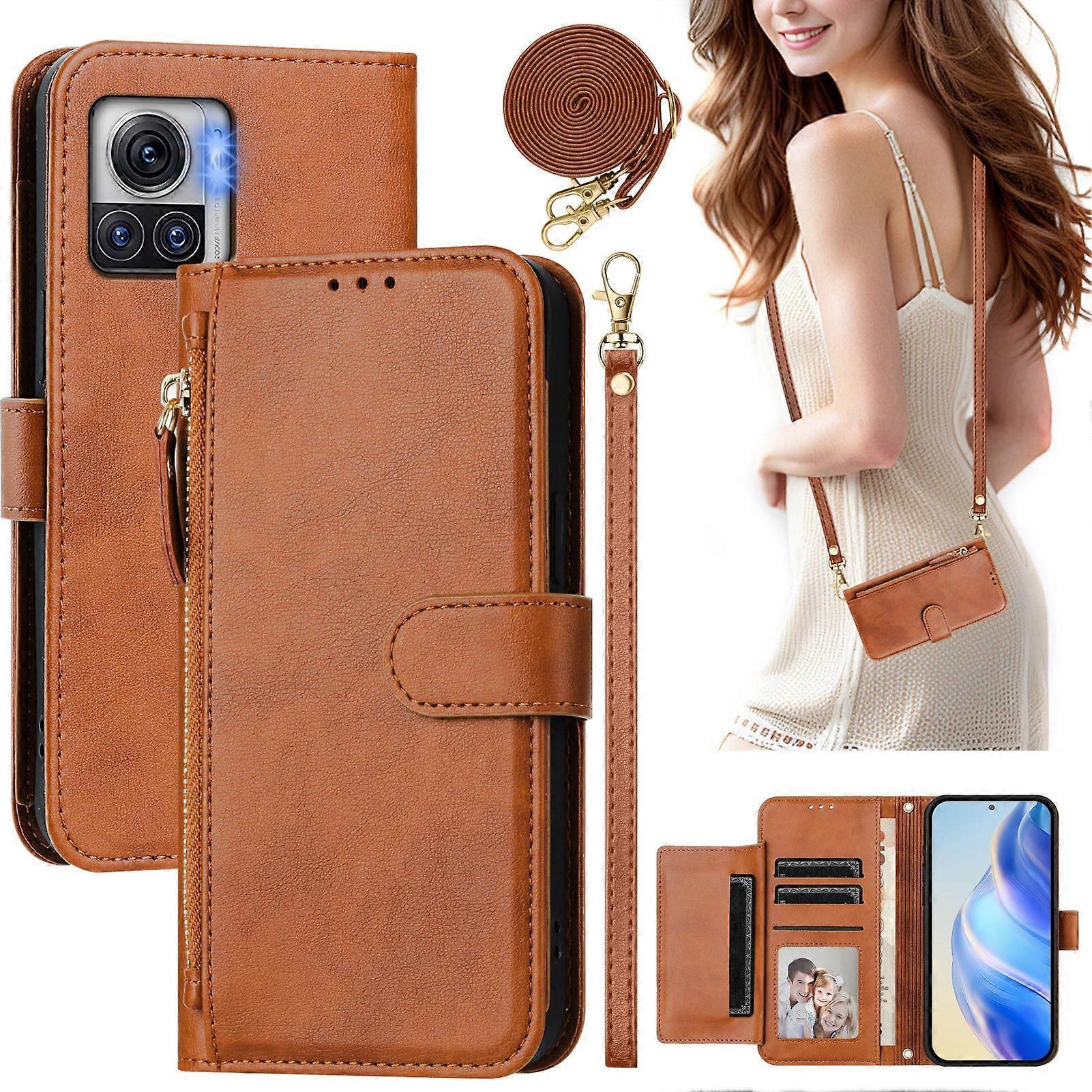 Flip Case for Motorola Edge 30 Ultra Protection Soft PU Leather Zipper Wallet Cover with Card Holder and Long Strap