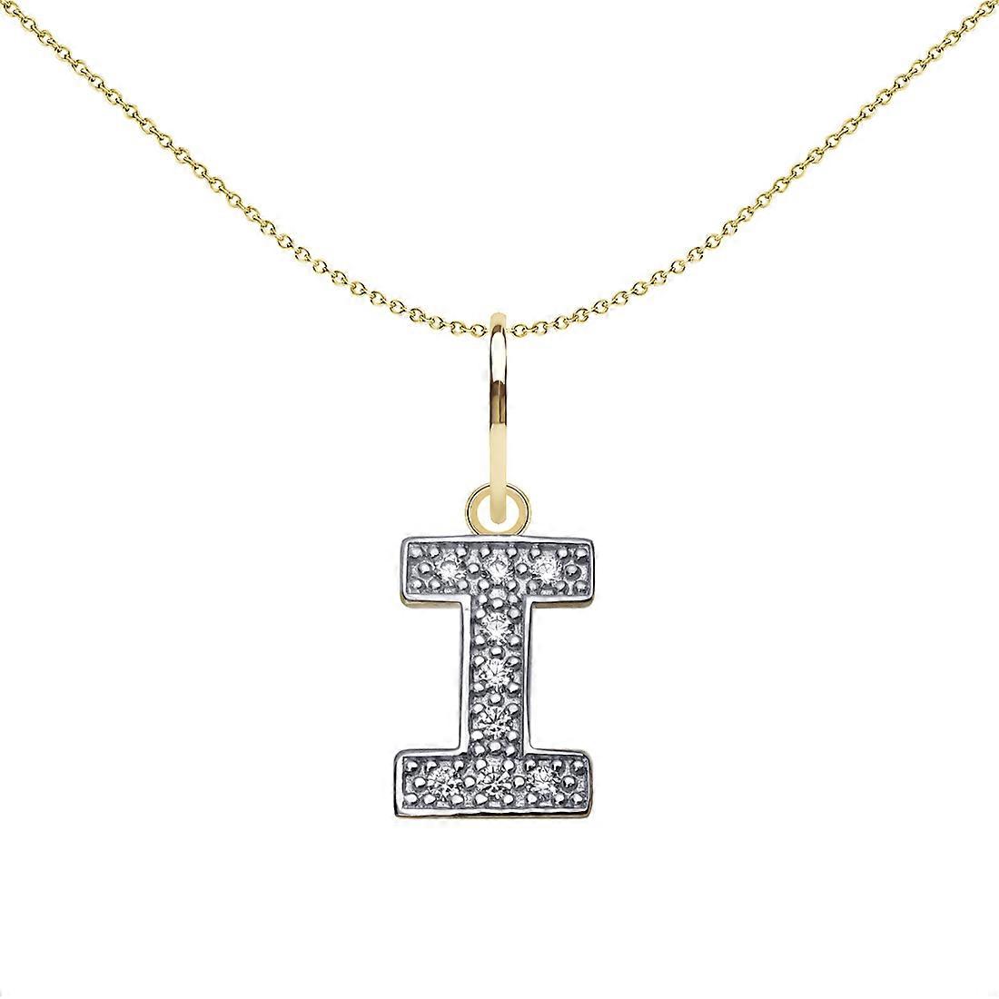Jewelco London Solid 9ct Yellow and White Gold Cubic Zirconia 10mm San Serif Block Font Initial Charm Pendant, Letter I