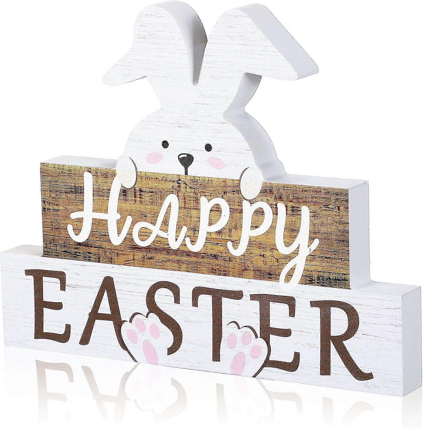 1 pcs Easter Bunny Table Sign Easter Wooden Block Table Sayings Easter Wooden Table Decor Rustic Farmhouse Bunny Holiday Decorations for Spring Easter