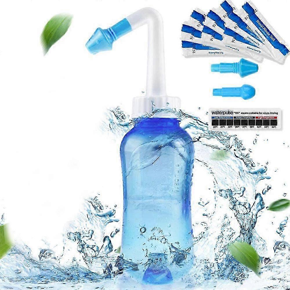 Neti Pot, Kit de Enxágue Sinusal, Neti Pot Sinus Rinse, Kit de Enxágue Sinusal de 300ml Com 60 Pacotes de Sal de Lavagem Nasal e Adesivo de Termômetro