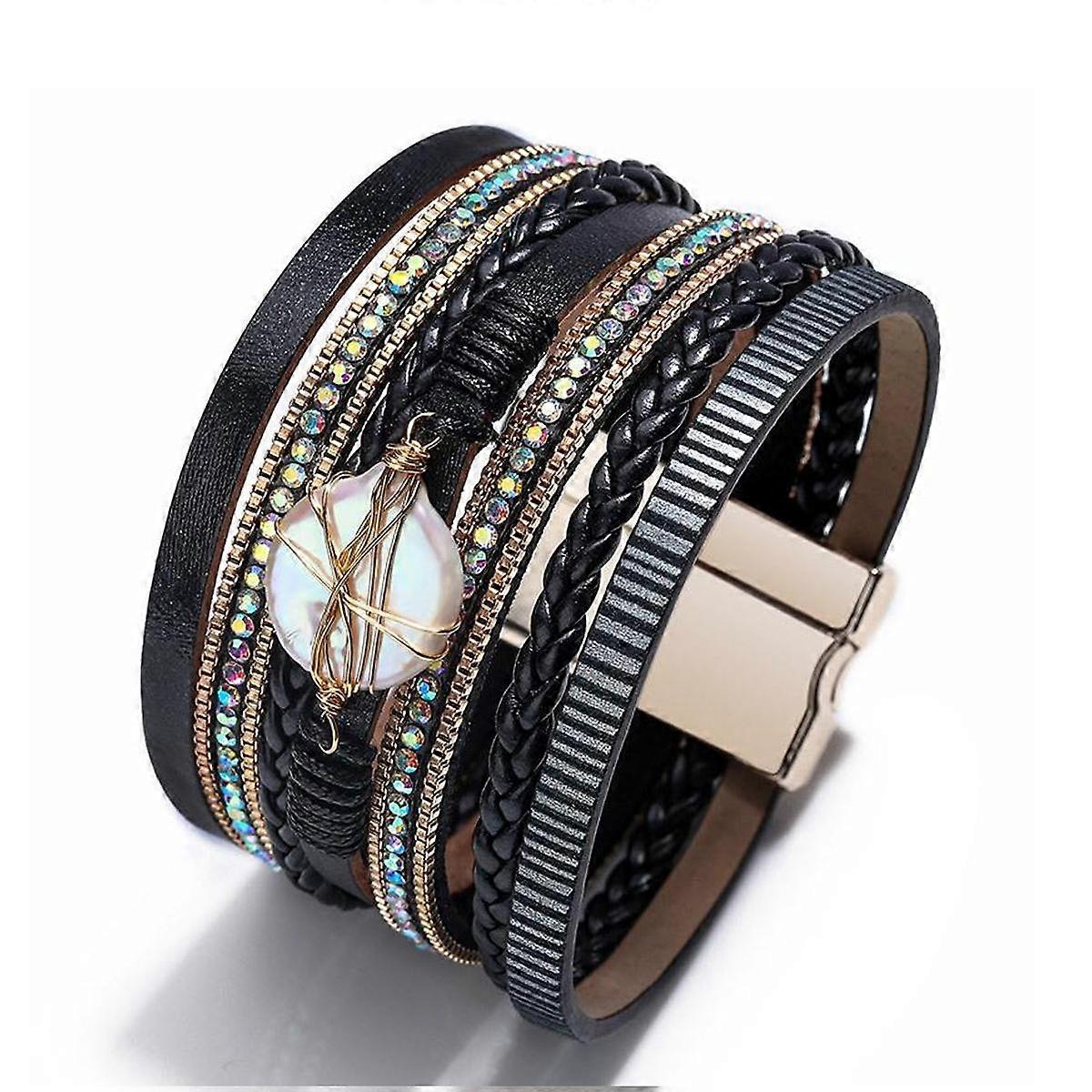 Pulseira de couro para mulheres Boho Multilayer Wrap Bangle Femme Jóias