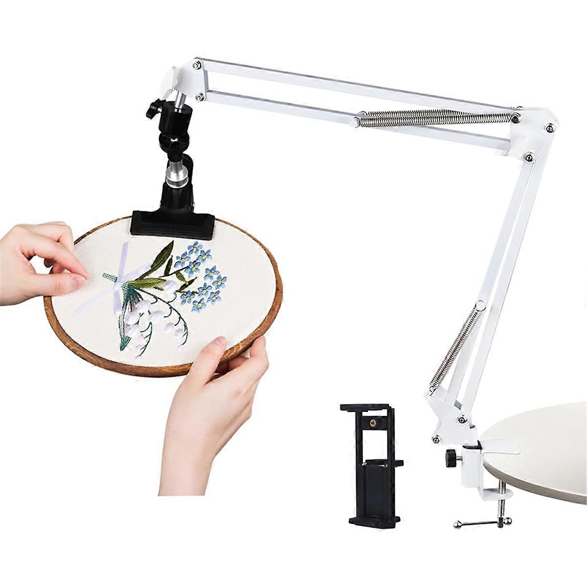 Adjustable Embroidery Hoop Holder for Handwork, 360° Rotatable, White