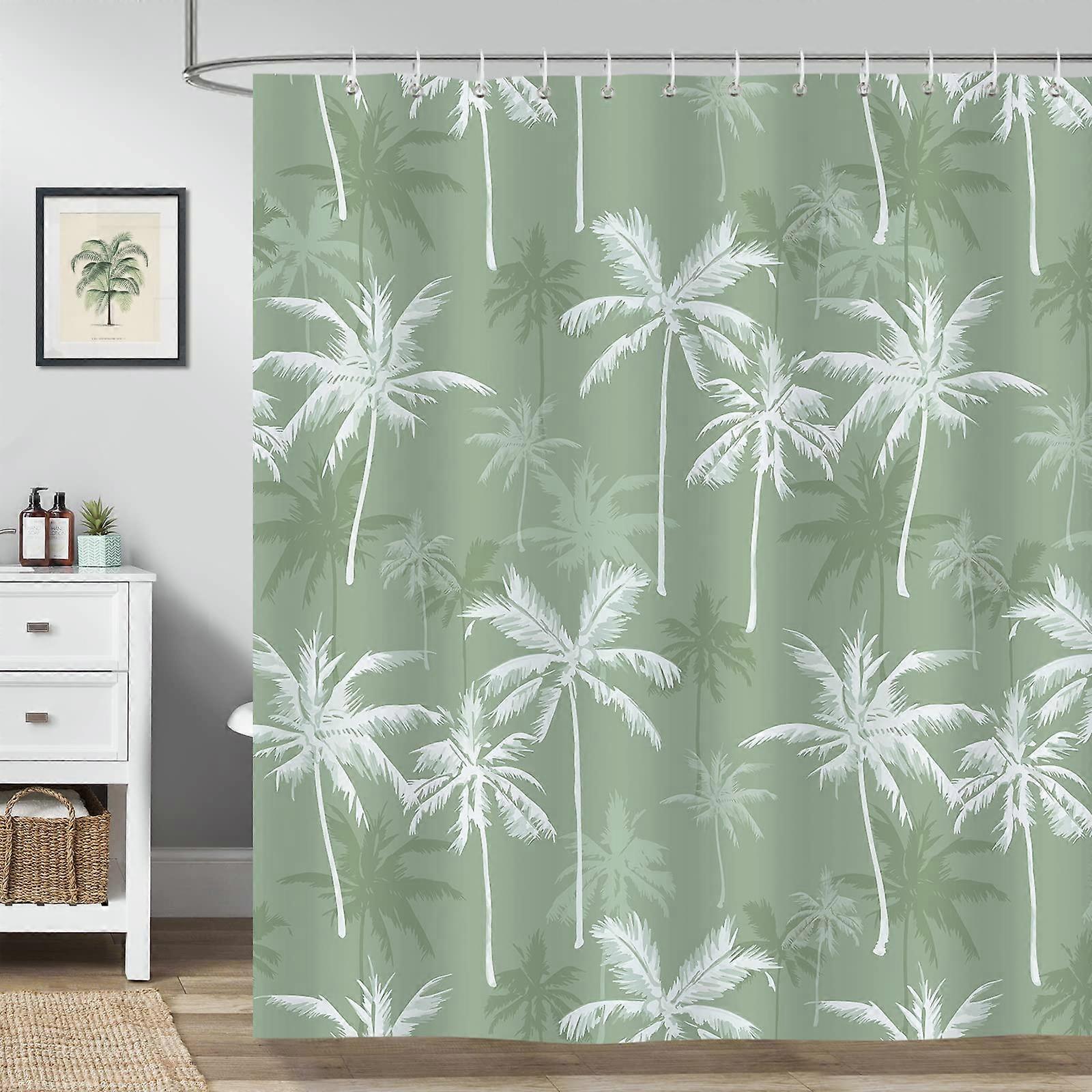 Tropical Palm Tree Shower Curtain 72x72 Inches, Polyester, Waterproof, Sage Green Hawaii Coconut Tree Motif, 12 Hooks