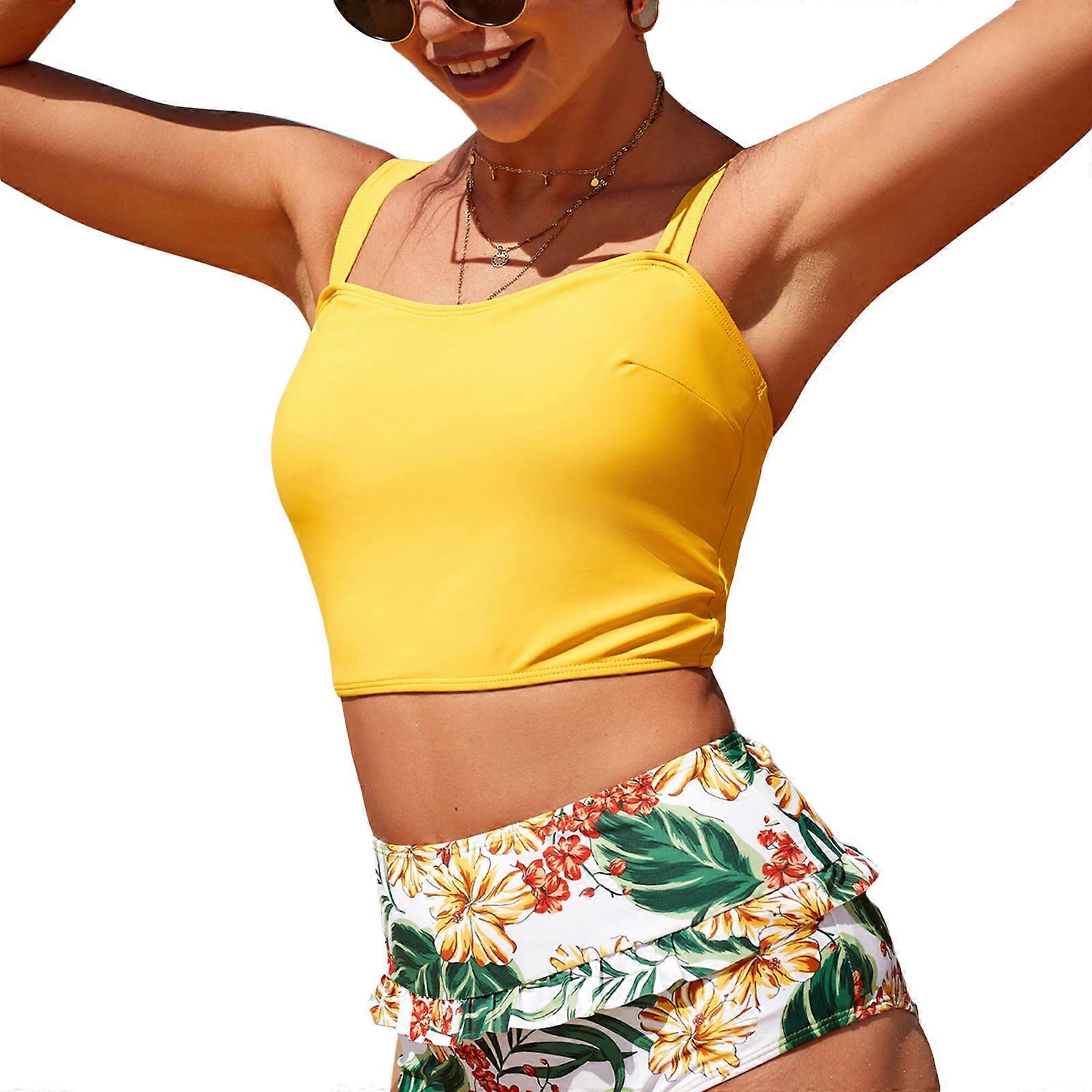 Maillots de bain taille haute à la mode Bikini sexy ensemble Bretelles réglables Maillots de bain Deux pièces Maillot de bain Cadeau pour filles Femmes Jaune XL